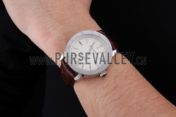 Bvlgari Novelties White Dial Silver Case Brown Leather Strap