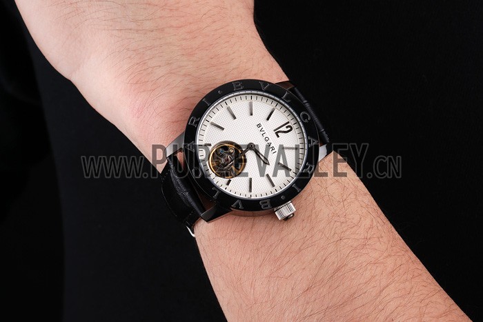 Bvlgari Tourbillon White Dial Black Case Black Leather Strap