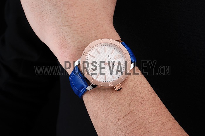 Bvlgari Novelties White Dial Gold Case Blue Leather Strap