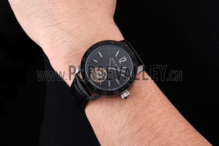 Bvlgari Tourbillon Black Dial Black Case Black Leather Strap