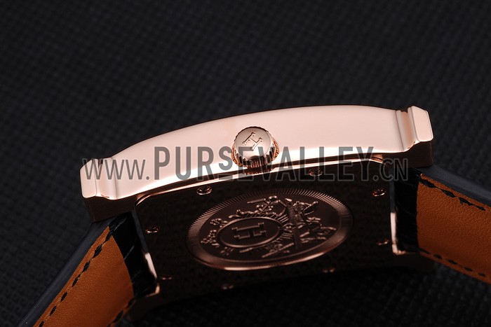 Hermes Heure H White Dial Gold Case Black Leather Strap