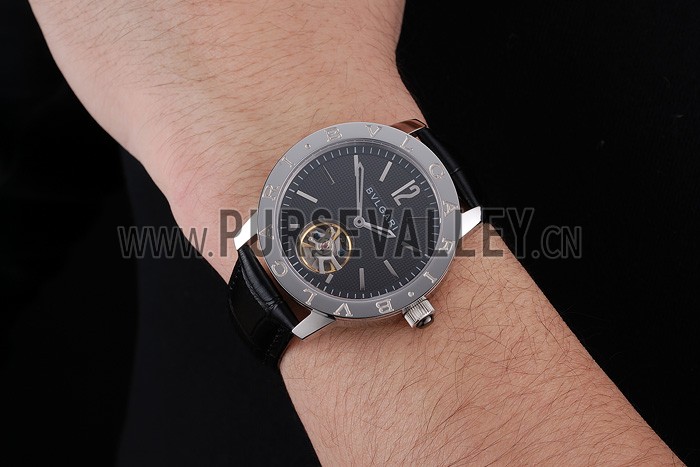 Bvlgari Tourbillon Black Dial Silver Case Black Leather Strap