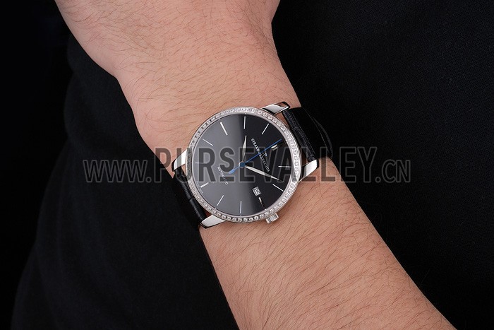 Swiss Girard-Perregaux 1966 Black Dial Silver Diamond Case Black Leather Strap