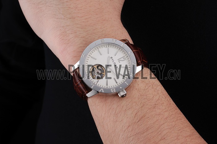 Bvlgari Tourbillon White Dial Silver Case Brown Leather Strap