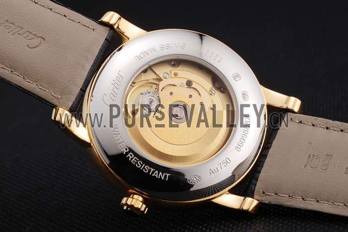 Swiss Cartier Ronde Solo Black Dial Gold Diamond Case Black Leather Strap