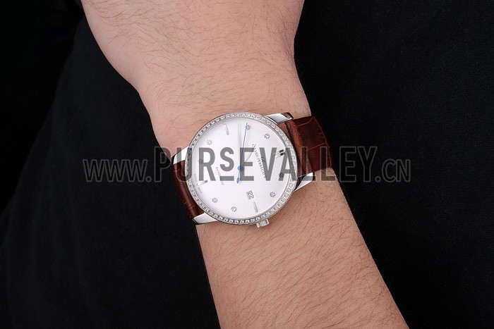 Swiss Girard-Perregaux 1966 White Dial Silver Diamond Case Brown Leather Strap