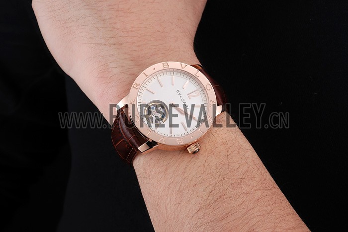 Bvlgari Tourbillon White Dial Gold Case Brown Leather Strap