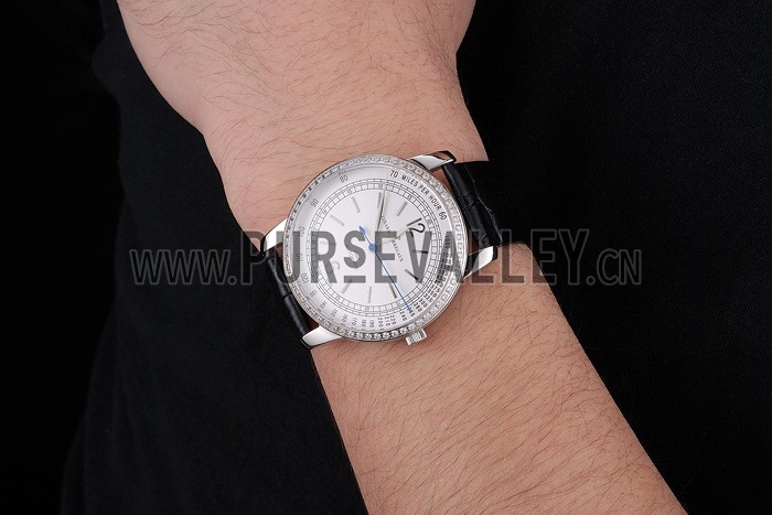 Swiss Girard-Perregaux 1966 Automatic White Dial Silver Diamond Case Black Leather Strap