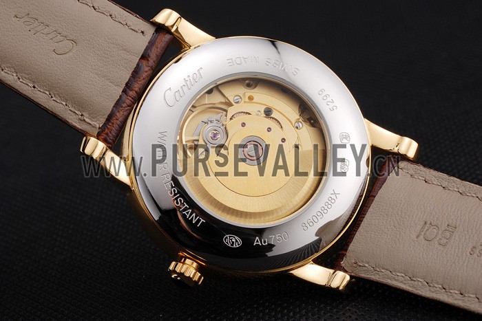 Swiss Cartier Rotonde Small Complication Brown Dial Gold Diamond Case Brown Leather Strap