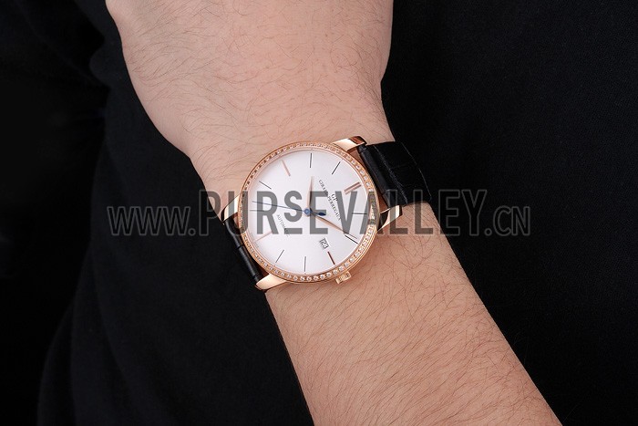 Swiss Girard-Perregaux 1966 White Dial Gold Diamond Case Black Leather Strap