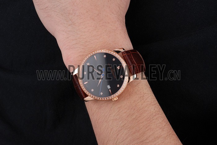 Swiss Girard-Perregaux 1966 Black Dial Gold Diamond Case Brown Leather Strap
