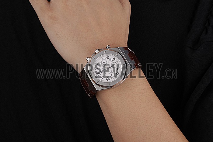 Swiss Audemars Piguet Royal Oak Chronograph White Dial Stainless Steel Case Brown Leather Strap 622864