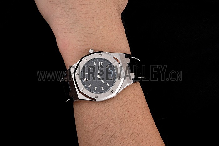 Audemars Piguet Royal Oak Fondation Black Dial Stainless Steel Case Black Leather Strap