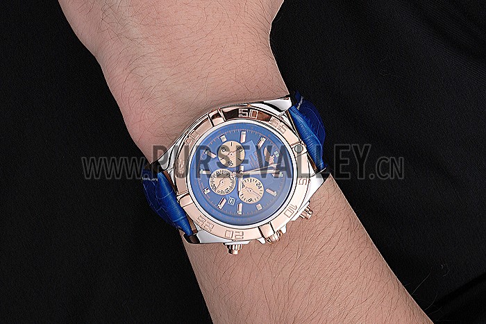 Breitling Chronomat Blue Dial Rose Gold Bezel And Subdials Stainless Steel Case Blue Leather Strap