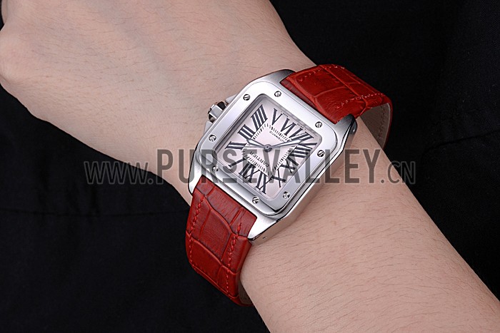 Swiss Cartier Santos White Dial Stainless Steel Case Red Leather Bracelet 622551