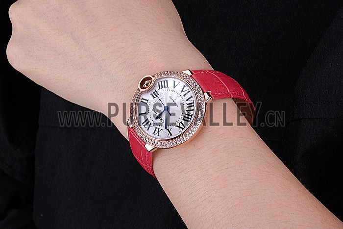 Swiss Cartier Ballon Bleu de Cartier White Dial Diamonds Case Pink Leather Bracelet 622553