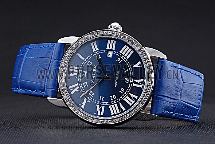 Swiss Cartier Ronde Solo Stainless Steel Diamond Case Blue Dial Roman Numerals 622197