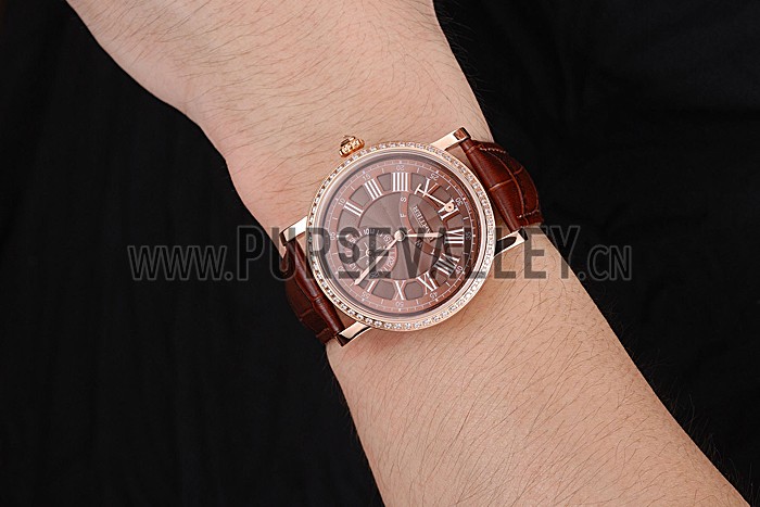 Cartier Rotonde Brown Dial Gold Case With Jewels Brown Leather Strap 622759