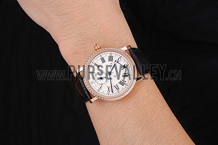 Cartier Rotonde White Dial Gold Case With Jewels Black Leather Strap 622760