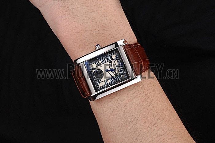 Cartier Tank Black And White Dial Stainless Steel Case Brown Leather Strap 622763