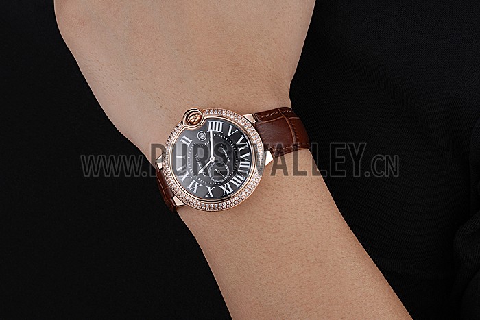Swiss Cartier Ballon Bleu Diamond Case Black Dial Brown Leather Bracelet 622679