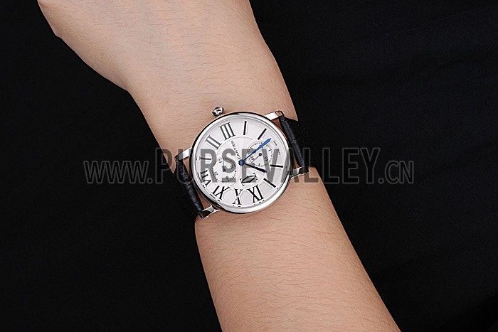 Cartier Ronde Second Time Zone White Dial Stainless Steel Case Black Leather Strap 622798