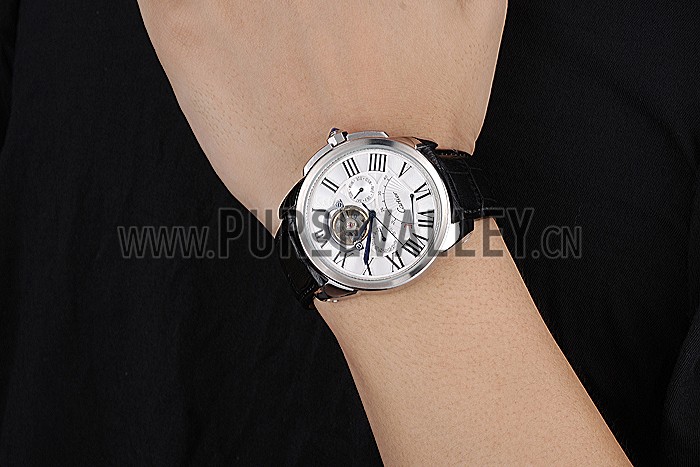 Cartier Calibre Tourbillon White Dial Stainless Steel Case Black Leather Strap 622751