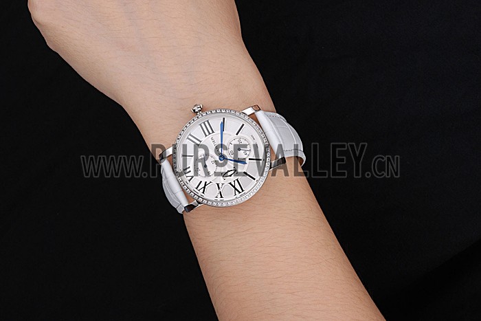 Cartier Ronde Second Time Zone White Dial Stainless Steel Case With Diamonds White Leather Strap 622803