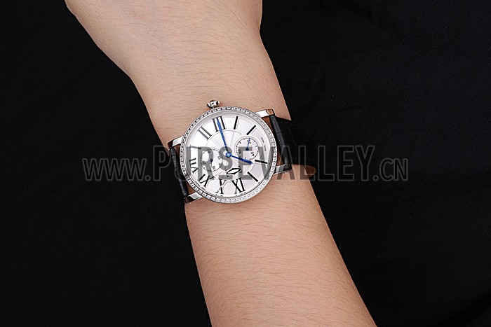 Cartier Ronde Second Time Zone White Dial Stainless Steel Case With Diamonds Black Leather Strap 622804