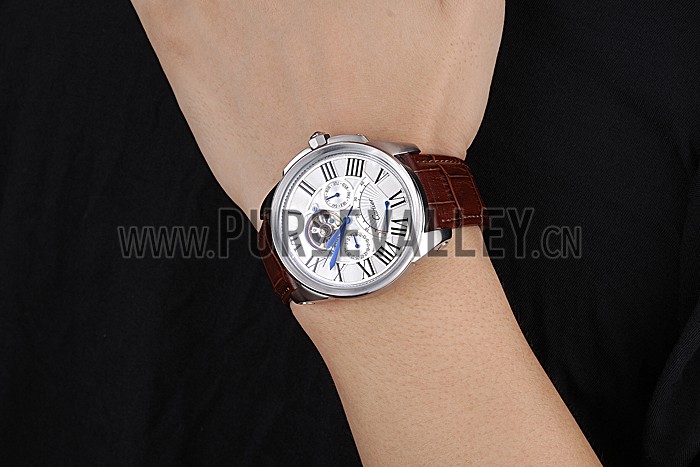 Cartier Calibre Tourbillon White Dial Stainless Steel Case Brown Leather Strap 622750