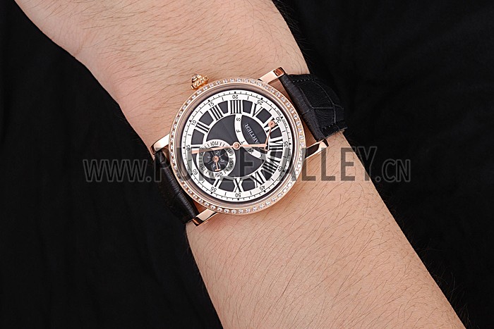 Cartier Rotonde Black And White Dial Gold Case With Jewels Black Leather Strap 622758