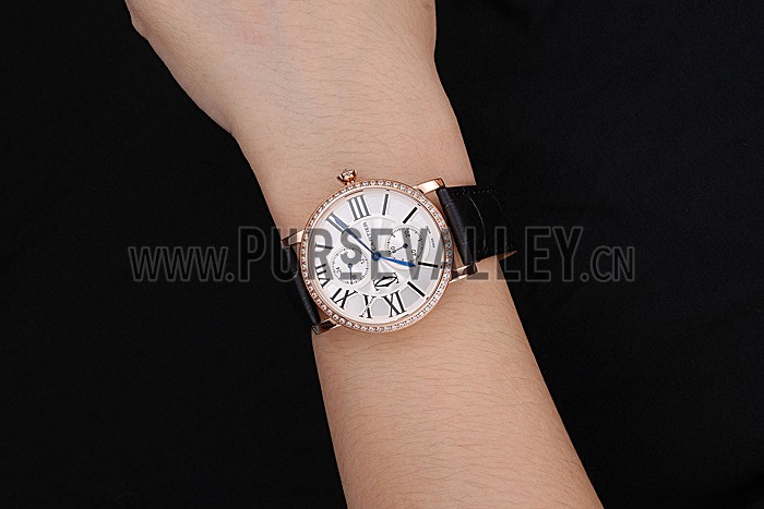 Cartier Ronde Second Time Zone White Dial Gold Case With Diamonds Black Leather Strap 622809