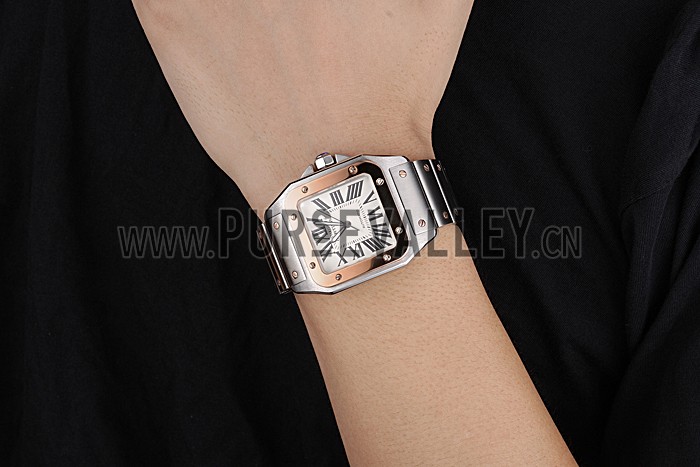 Swiss Cartier Santos White Dial Gold Bezel Steel Case And Bracelet 622881