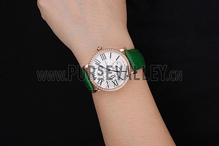 Cartier Ronde Second Time Zone White Dial Gold Case With Diamonds Green Leather Strap 622812