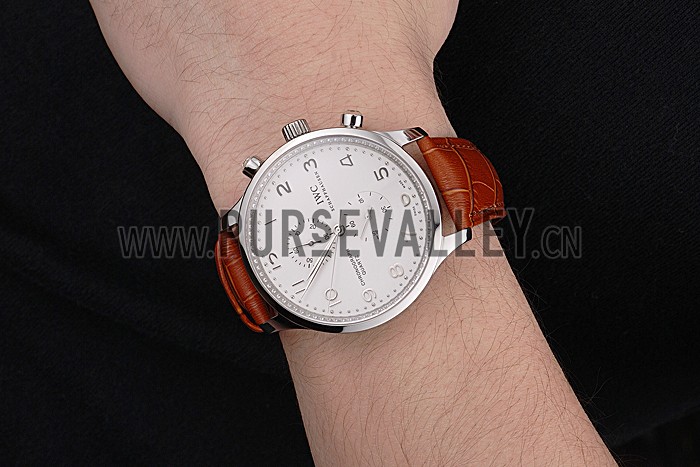 IWC Portugieser Chronograph White Dial Steel Hands And Numerals Stainless Steel Case Brown Leather Strap