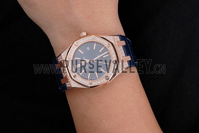 Swiss Audemars Piguet Royal Oak Blue Dial Gold Case With Diamonds Blue Leather Strap