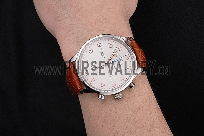 IWC Portugieser Chronograph White Dial Rose Gold Hands And Numerals Stainless Steel Case Brown Leather Strap