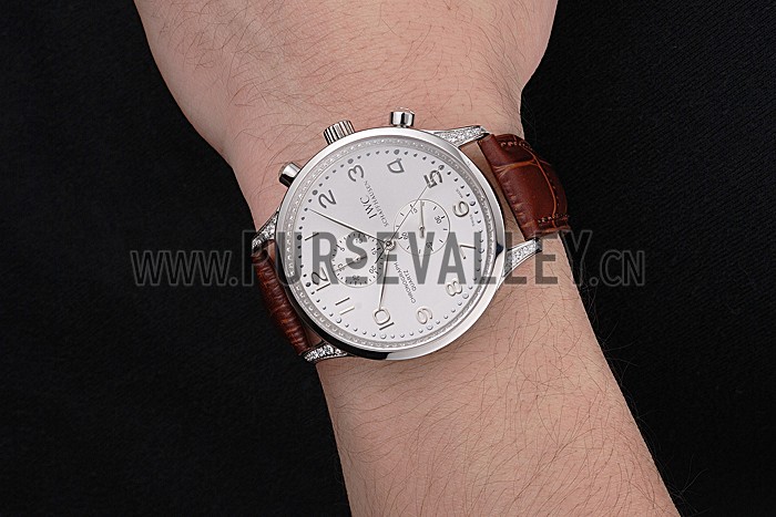 IWC Portugieser Chronograph White Dial Steel Hands And Numerals Steel Case With Diamonds Brown Leather Strap