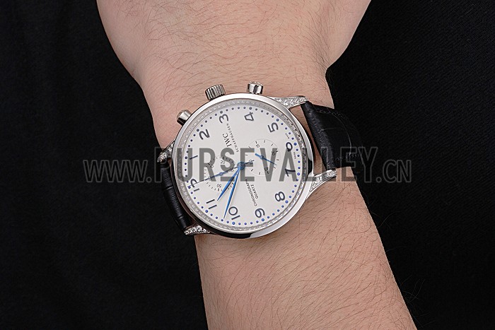 IWC Portugieser Chronograph White Dial Blue Hands And Numerals Steel Case With Diamonds Black Leather Strap