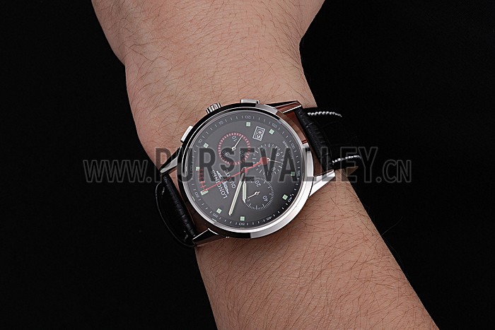 Longines Column Wheel Black Dial Silver Stainless Steel Case Black Leather Strap