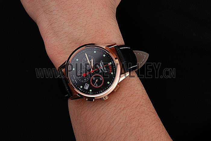 Longines Column Wheel Black Dial Gold Case Black Leather Strap