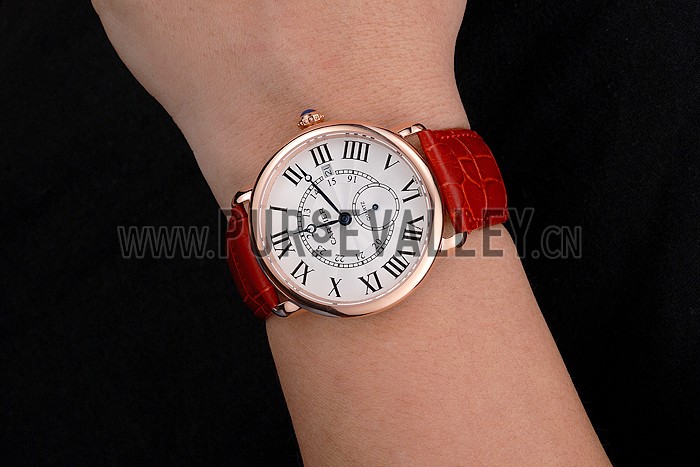 Cartier Ronde Louis Cartier White Dial Gold Case Red Leather Strap
