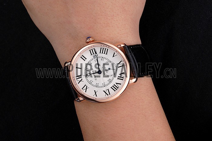 Cartier Ronde Louis Cartier White Dial Gold Case Black Leather Strap