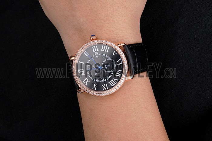 Cartier Ronde Louis Cartier Black Dial Gold Case Diamond Bezel Black Leather Strap