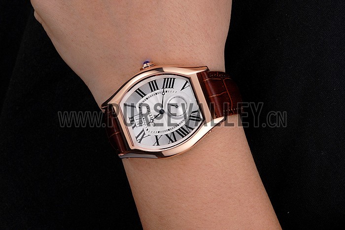 Cartier Tortue Large Date White Dial Gold Case Brown Leather Strap