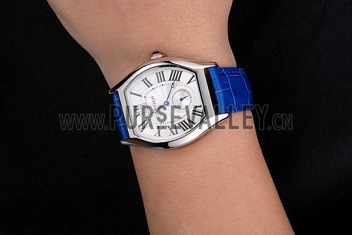 Cartier Tortue Large Date White Dial Stainless Steel Case Blue Leather Strap