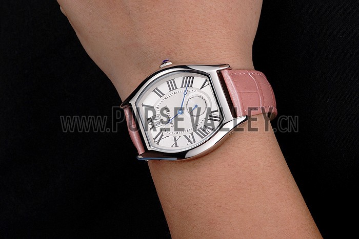 Cartier Tortue Large Date White Dial Stainless Steel Case Pink Leather Strap