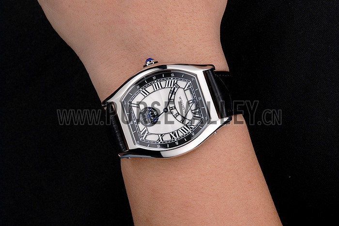 Cartier Tortue Perpetual Calendar White Dial Stainless Steel Case Black Leather Strap
