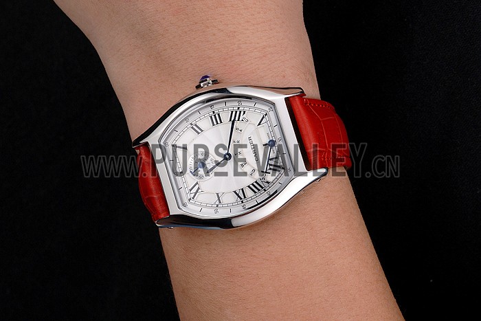 Cartier Tortue Perpetual Calendar White Dial Stainless Steel Case Red Leather Strap