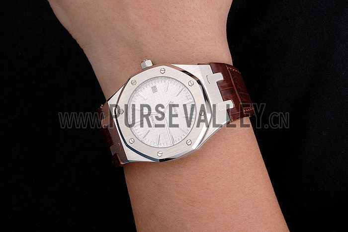 Swiss Audemars Piguet Royal Oak White Dial Stainless Steel Case Brown Leather Strap